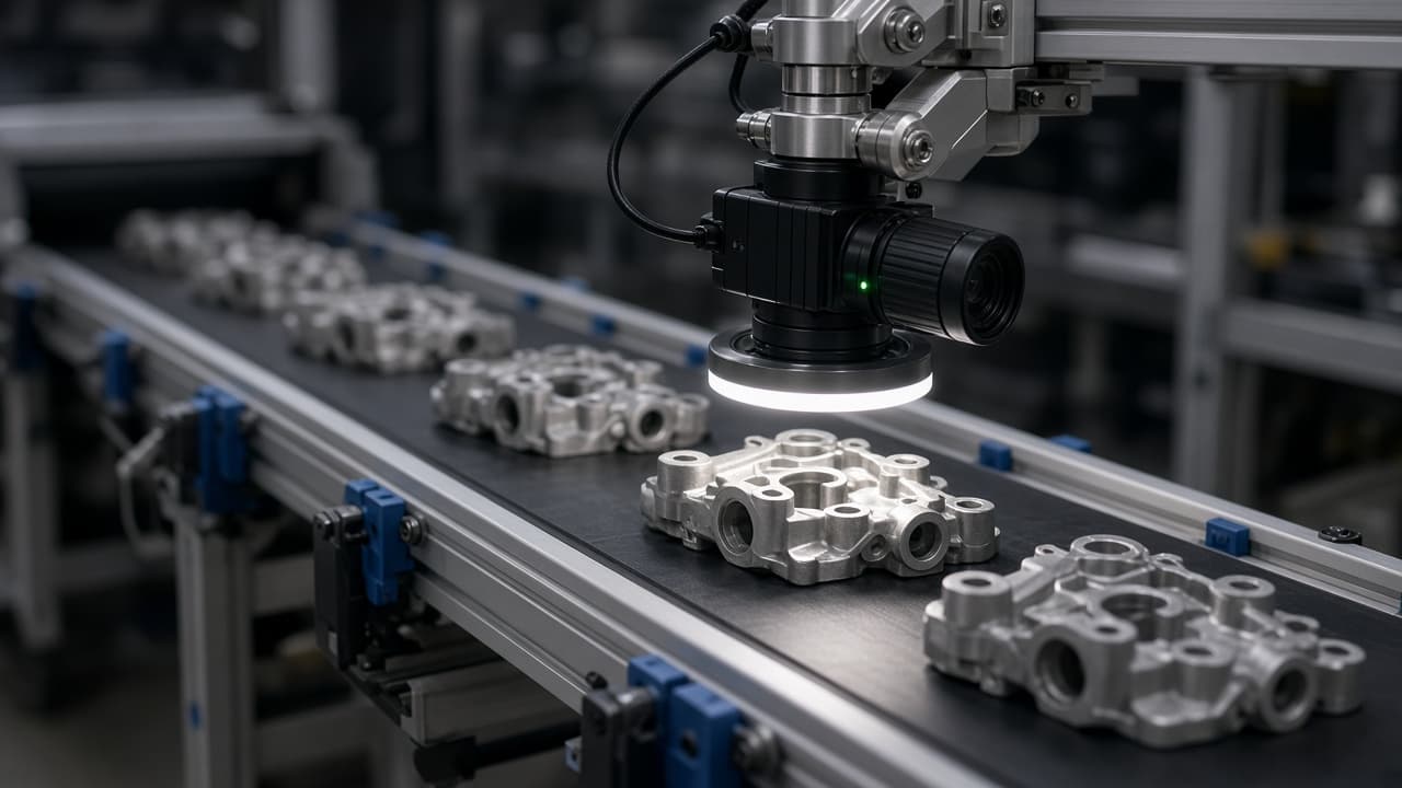 A machine-vision camera reviewing parts on a production line