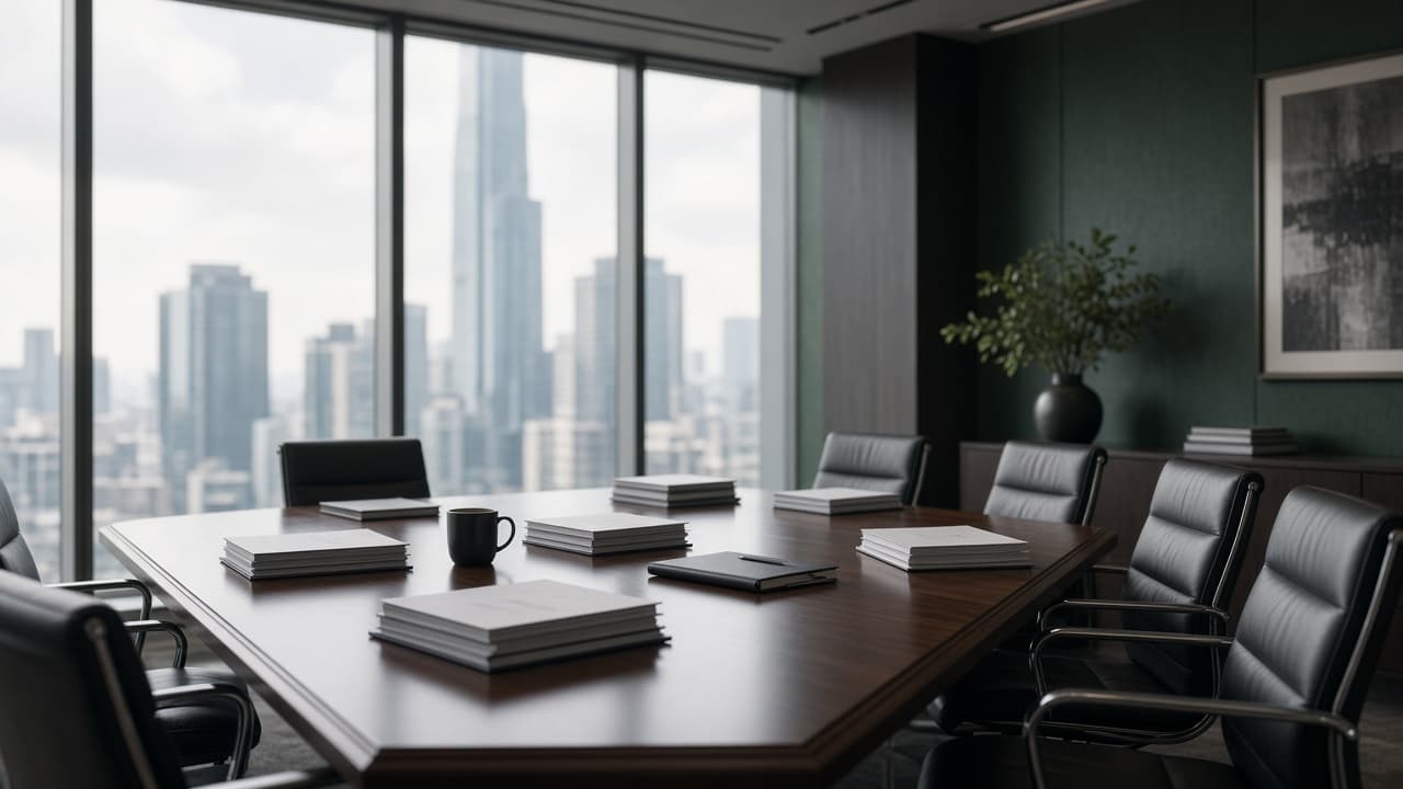 A professional services meeting room prepared for document and research work