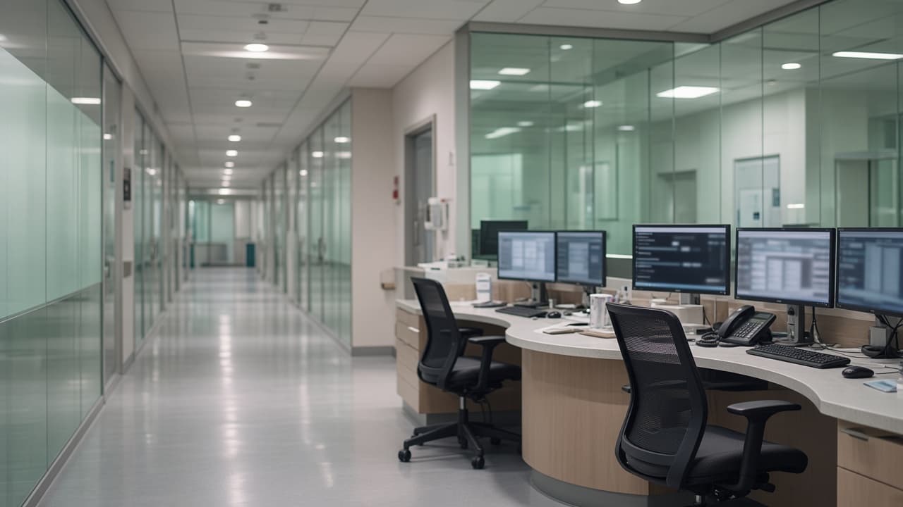 A calm healthcare operations corridor for administrative work